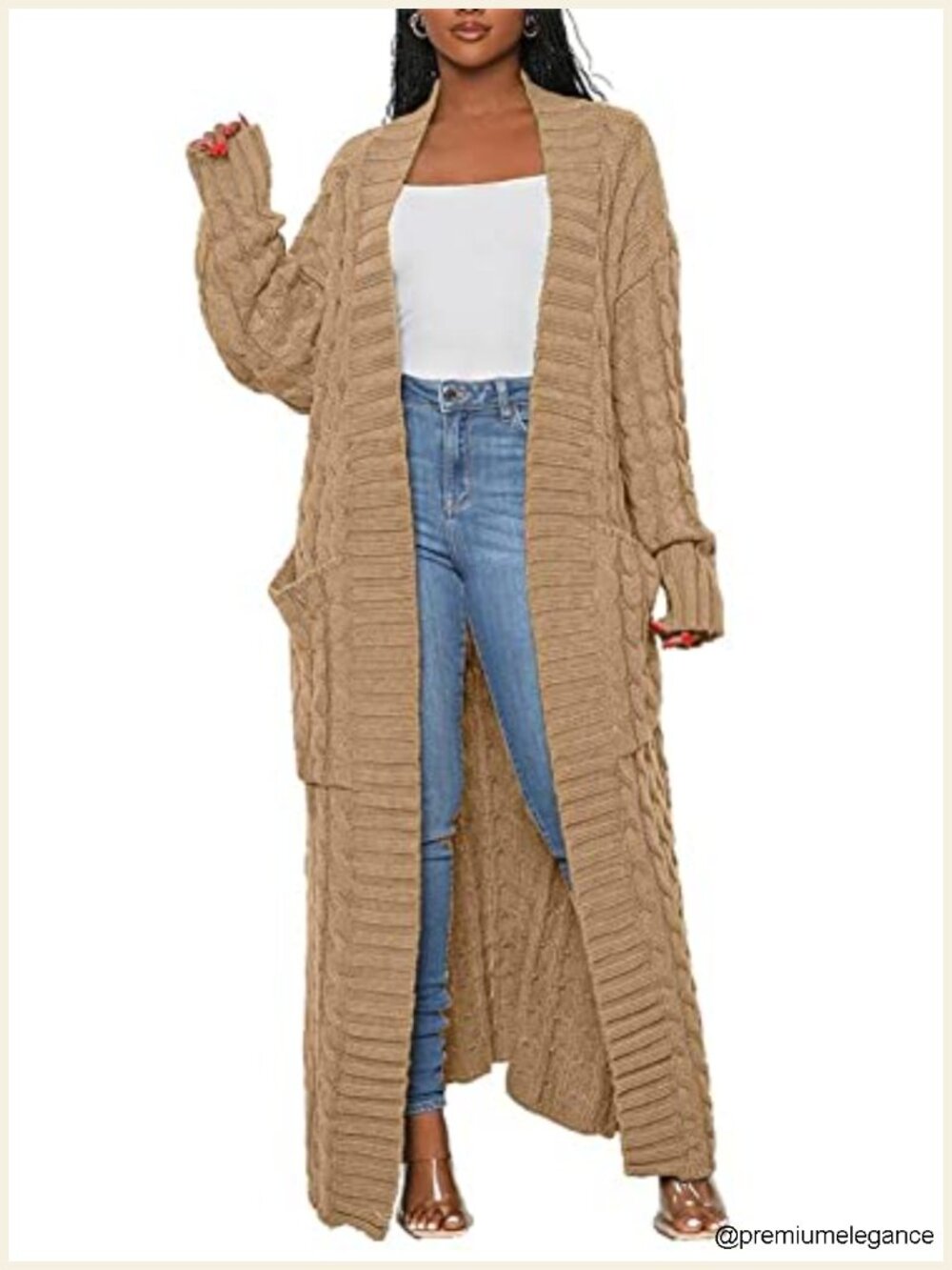 Plus Size Chunky Cable Knit Duster Cardigan with Pockets Open Front Long Sleeve